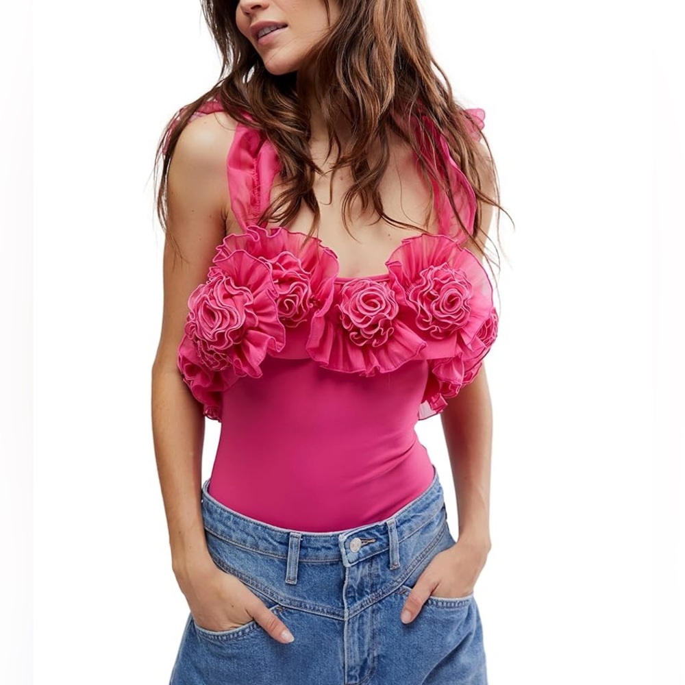 Free People Raspberry Pink Bodysuit with Rosettes - NWT